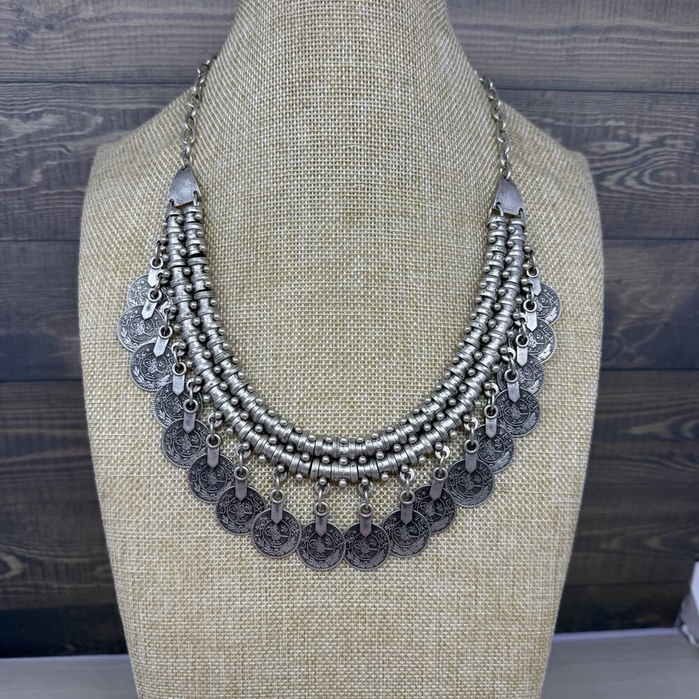 Vintage Boho Turkish Style Silver Tone Coin Charm Statement Collar Necklace